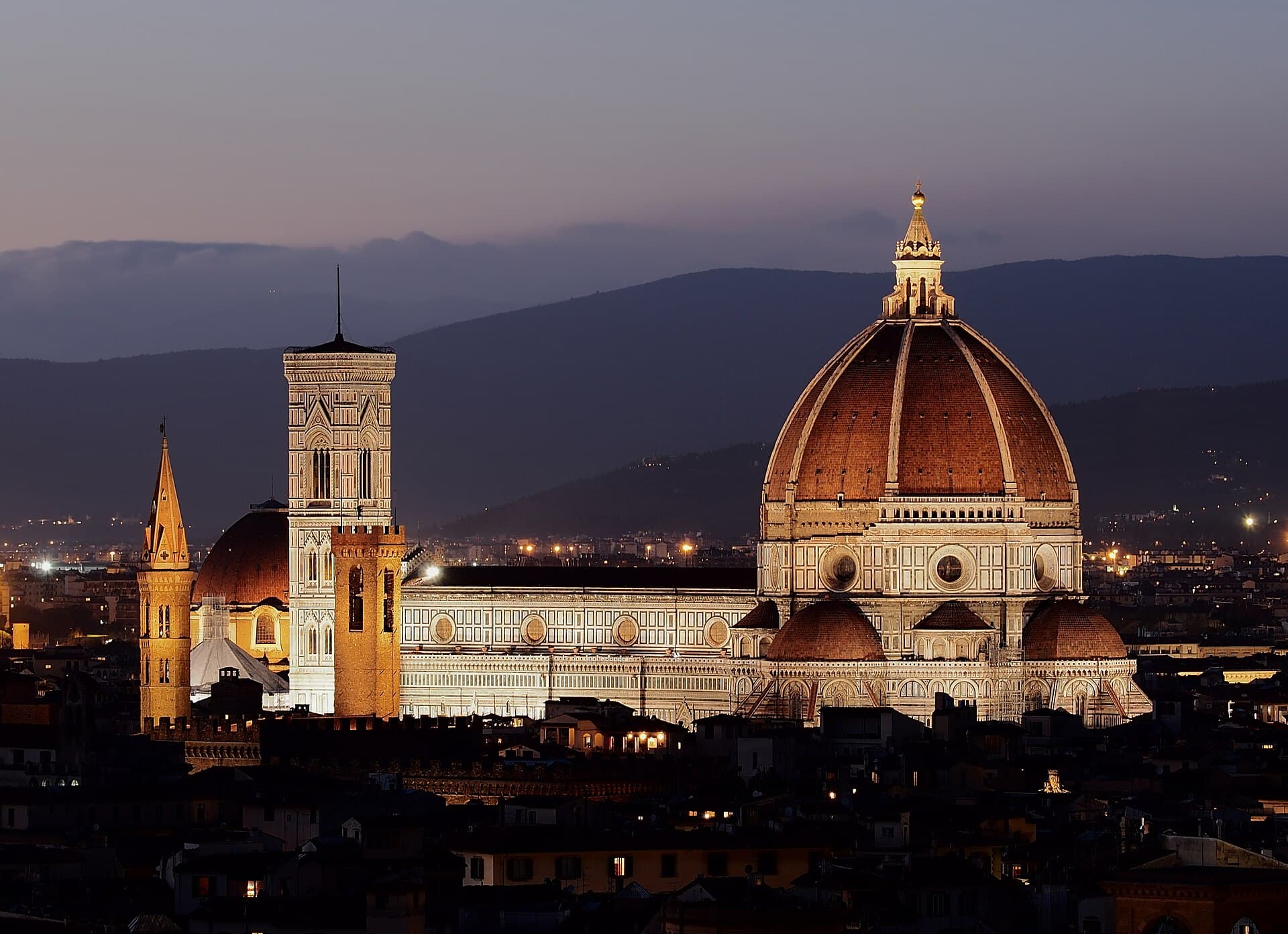 The dome of Florence Cathedral seen across the city's rooftops